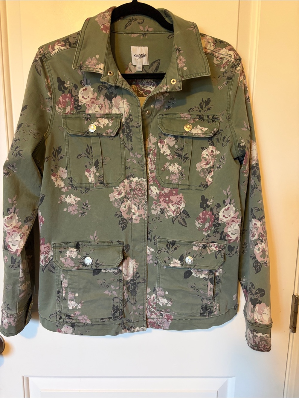 Kensie Olive Green Floral Utility Jacket with Pink & Cream Flowers